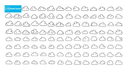 Set of vector cloud icons outline vector illustration. Set of 110 cloud sign line art. Meteorology weather forecast interface element