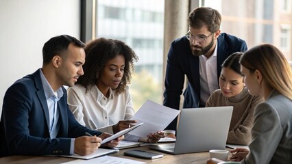 Focused Collaboration: A diverse team of business professionals huddles together, meticulously analyzing documents and engaging in collaborative brainstorming within a modern office setting.