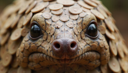Close-up of a unique pangolin with scale-covered body in nature  