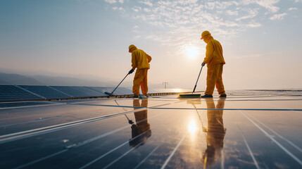 Two workers cleaning solar panels in a large solar farm under clear daylight, promoting renewable energy, maintenance, and sustainability.