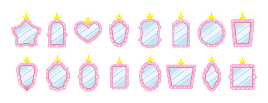 Princess mirror. Set of Elegant wall mirrors with gold crowns. Beauty tale. Teen and child girl self care accessory. Vector illustration in flat cartoon style.