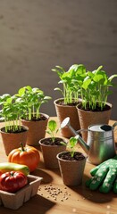 Gardening at Home: Seedlings in Pots, Vegetables, and Gardening Tools on Wooden Table