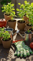 Sunlight Drenched Garden Scene: Seedlings, Watering Cans, and Gardening Glove