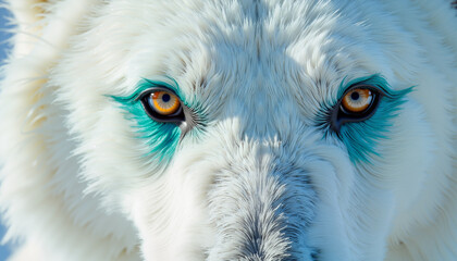 Arctic wolf with striking blue eyeliner looking directly at camera  