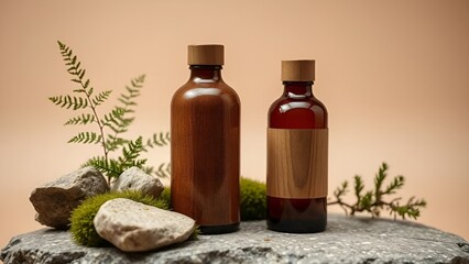 Natural Wooden and Amber Glass Bottles with Moss and Stone – Minimalist Product Flat Lay