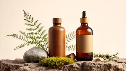 Natural Wooden and Amber Glass Bottles with Moss and Stone – Minimalist Product Flat Lay