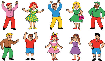 Happy cartoon people characters in colorful clothes, isolated on white background, perfect for education, diversity, retro themes, or storytelling

 flat vector illustration