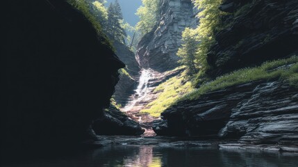 Mountain gorge with waterfall