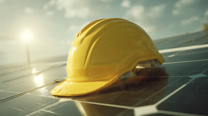 A yellow worker’s helmet lies on top of a solar panel, symbolizing renewable energy, construction, and sustainable labor.