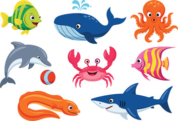 Colorful cartoon sea animals including fish, shark, dolphin, whale, crab, and octopus in flat vector illustration for kids education

 flat vector illustration
