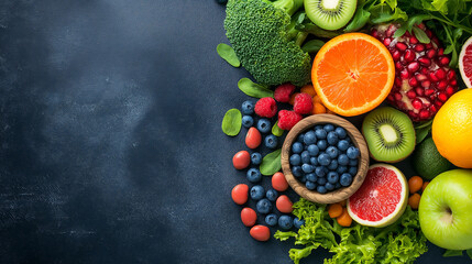 A vibrant plant-based spread with fresh fruits and greens, on a dark background, illuminated by natural sunlight for a wholesome, earthy feel.