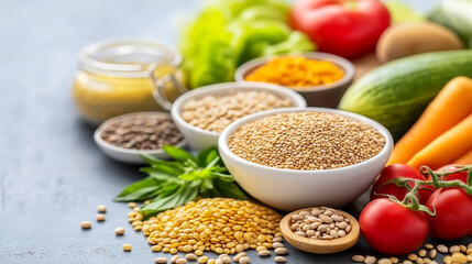 A vibrant plant-based spread with fresh vegetables, greens, and grains on a rustic table, illuminated by natural sunlight for a wholesome, earthy feel.