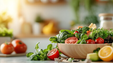 A vibrant plant-based spread with fresh vegetables and greens on a rustic wooden table, illuminated by natural sunlight for a wholesome, earthy feel.