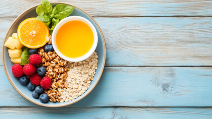 A vibrant plant-based spread with fresh fruits, greens, and grains on a rustic table, illuminated by natural sunlight for a wholesome, earthy feel.