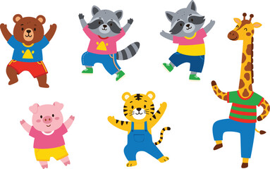 Adorable Cartoon Animals in Colorful Outfits, Perfect for Children's Illustrations and Fun Designs flat vector illustration