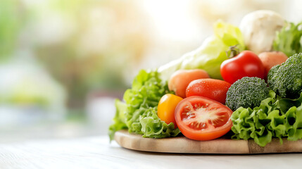 A vibrant plant-based spread with fresh vegetables and greens on a rustic wooden table, illuminated by natural sunlight for a wholesome, earthy feel.