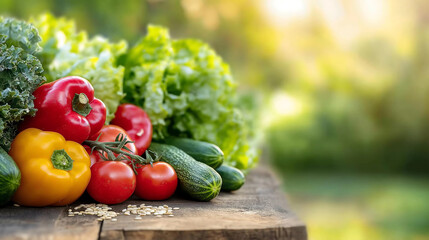 A vibrant plant-based spread with fresh vegetables, greens, and grains on a rustic table, illuminated by natural sunlight for a wholesome, earthy feel.