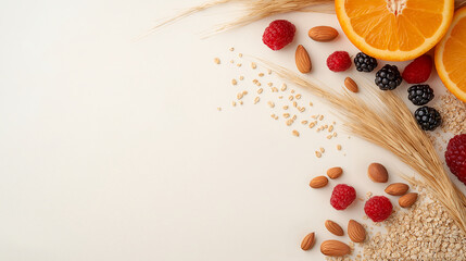 A nutritious plant-based spread with vibrant fruits, whole grains, and nuts, arranged on a clean, minimalist background for a fresh and balanced look.