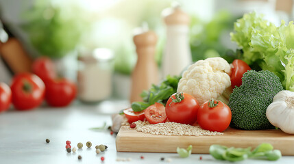 A vibrant plant-based spread with fresh vegetables, greens, and grains on a rustic table, illuminated by natural sunlight for a wholesome, earthy feel.