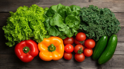 A vibrant plant-based spread with leafy greens, bell peppers, and tomatoes, artfully arranged on a rustic wooden table with a touch of natural sunlight.