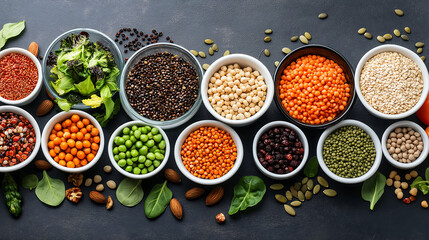 A vibrant plant-based spread with fresh vegetables, greens, and grains on a rustic table, illuminated by natural sunlight for a wholesome, earthy feel.