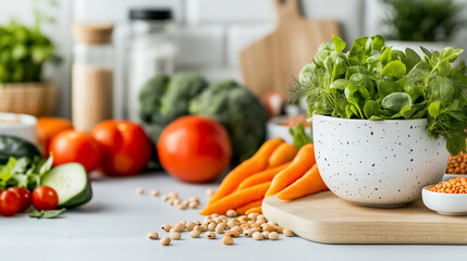 A vibrant plant-based spread with fresh vegetables, greens, and grains on a rustic table, illuminated by natural sunlight for a wholesome, earthy feel.