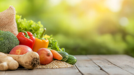 A vibrant plant-based spread with fresh vegetables, greens, and grains on a rustic table, illuminated by natural sunlight for a wholesome, earthy feel.