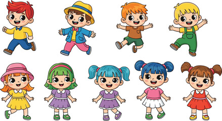 Adorable Cartoon Kids with Diverse Outfits and Expressions, Perfect for Children's Illustrations and Fun Designs flat vector illustration