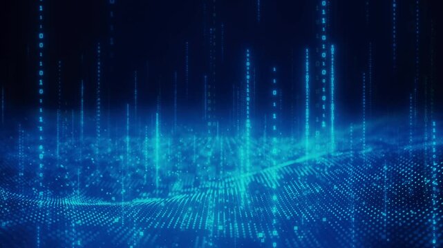 Modern cyber technology background with AI-powered data stream, blue digital wave, binary code, network chart analysis, virtual computing line connection, and secure matrix display