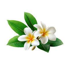 Fototapeta premium Two plumeria flowers with lush green leaves