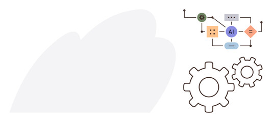 AI workflow diagram with connected components and gears symbolizing machine learning, automation, and technology. Ideal for innovation, data science, progress, tech industry, research, cloud