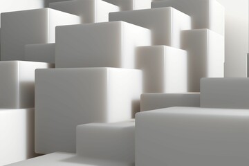 White cubes and rectangular prisms are forming abstract landscape in 3D render with studio backdrop