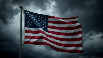 American flag waving proudly against cloudy storm sky background