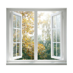 White window open, autumn leaves
