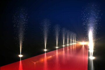 3D art is showing red carpet runway extending toward glowing aperture on stage with spark fountains