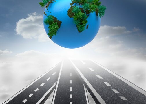Fototapeta Digitally generated earth floating over street