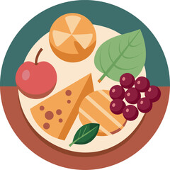 Colour-block flat design of a cheeseboard with grapes, walnuts, and cured meats with white background .