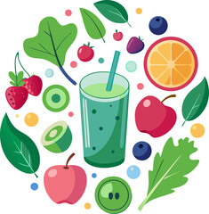 Colourful vector of a smoothie ingredients flat lay: berry, spinach, yogurt with white background .