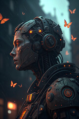 Dark Metallic Robot Gazing at Holographic Orange Birds – Futuristic Scene in a Digital Forest

