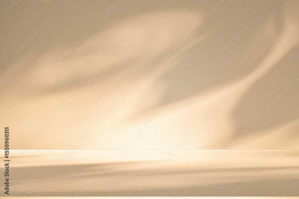 Aufkleber Wall interior background, studio and backdrops show products. with leaf shadow from window color beige and white. background for text insertion and presentation of product	