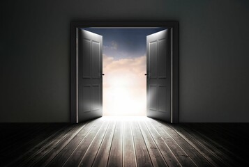 Digitally generated open doors in dark room