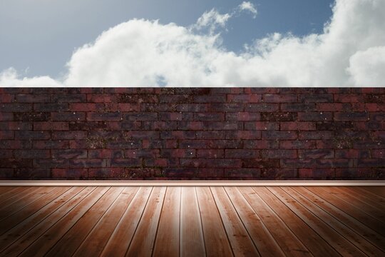 Fototapeta Flat design is showing wooden floor planks extending toward red brick wall under cloudy blue sky