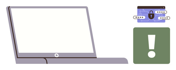 Open laptop, browser page with a security lock and password fields, and an exclamation icon emphasize online security and warning. Ideal for cybersecurity, data protection, alert systems, IT risk