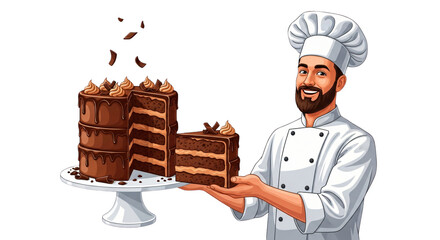 Smiling chef presents a decadent chocolate cake with falling crumbs, ideal for bakery advertisements, birthday invitations, dessert menus, culinary school promotions, and holiday celebrations,