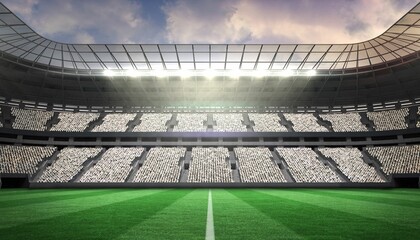 Obraz premium Empty soccer stadium in flat design is featuring green pitch under arched roof with floodlights