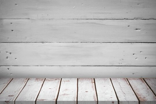 Fototapeta Whitewashed wooden backdrop showing flat design studio with floor planks and wall panels