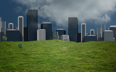 City skyline is rising behind grassy field in flat design illustration under gray clouds