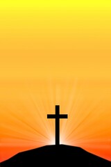 Cross religion symbol shape over sunset sky