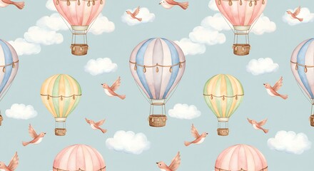 Whimsical Watercolor Hot Air Balloons and Birds Seamless Pattern