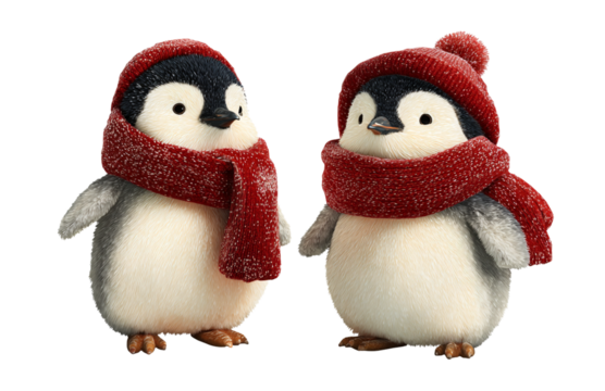 Cute, fluffy penguins in a red scarf and hat, isolated on a transparent background.png